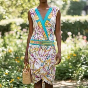 Cache White Blue Yellow Pink Sheath Dress Sz M Wrap Look Stretch Sleeveless Y2K